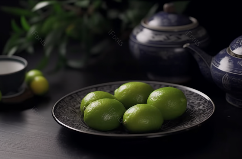 香水柠檬摆盘茶壶黑色场景拍摄,高清,摄影图,摄影图片,图片大全,摄影图免费下载